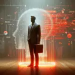 A silhouette of a person holding a briefcase stands amidst glowing data streams and graphs, symbolizing the harnessing of data for business growth.