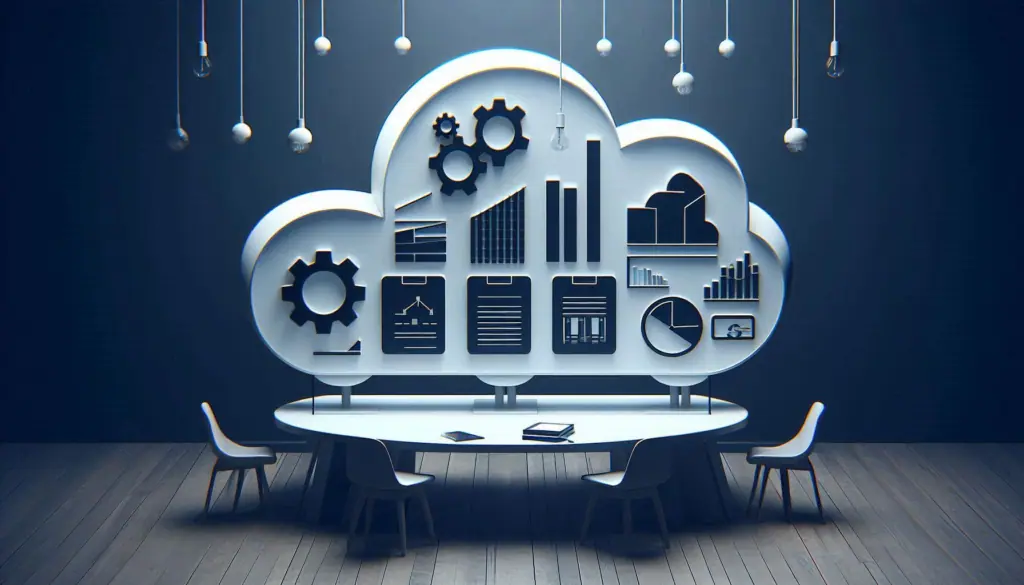 A conceptual image showcasing data governance best practices with a cloud symbol, gears, and data charts in a meeting room setting, emphasizing the importance of organized data management.