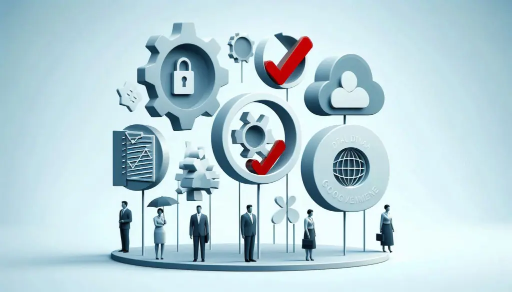 A graphic illustration of data governance concept with icons representing security, cloud, analytics, and people in business attire, highlighting potential pitfalls.