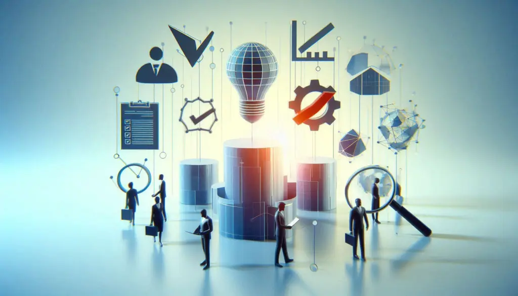 A 3D illustration of various data governance and quality management icons, such as graphs, gears, and documents, with figures analyzing the data. This represents the dynamic relationship between data quality management and governance.