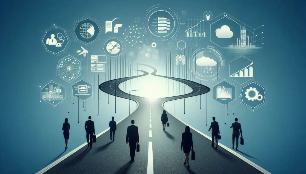 A conceptual image depicting a group of professionals walking towards a bifurcating road with various data governance icons floating above, symbolizing future choices and strategies.