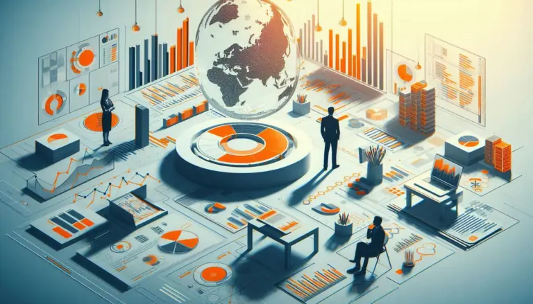 Professionals analyzing 3D charts and global analytics, illustrating key aspects of data governance for business leaders and entrepreneurs.