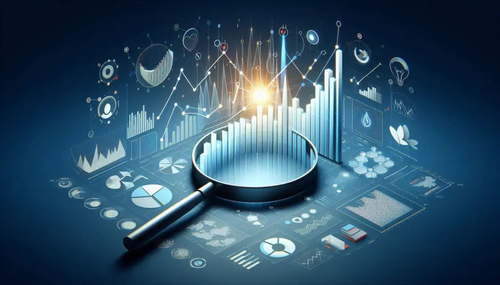 A graphic representation of data quality metrics with charts, graphs, and a magnifying glass highlighting a key point on a digital interface, illustrating the measurement of success.