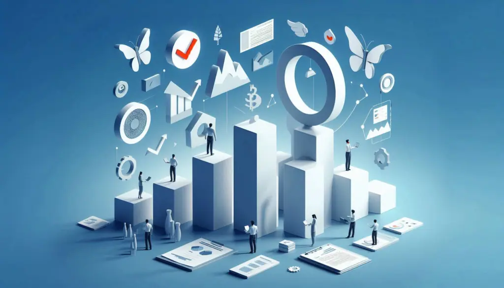 A graphic representation of data quality management as key to business success, with professionals, charts, and data icons on a blue background.
