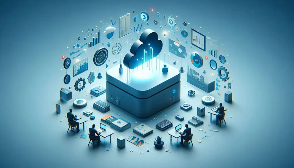 A stylized representation of data governance tools and technology, featuring a central server connected to various data-related icons, emphasizing data governance best practices.