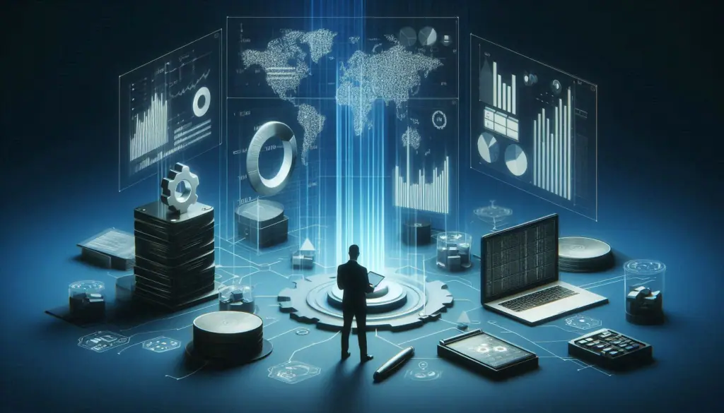 A person stands before a holographic display of data charts, world map, and devices, symbolizing analysis challenges.