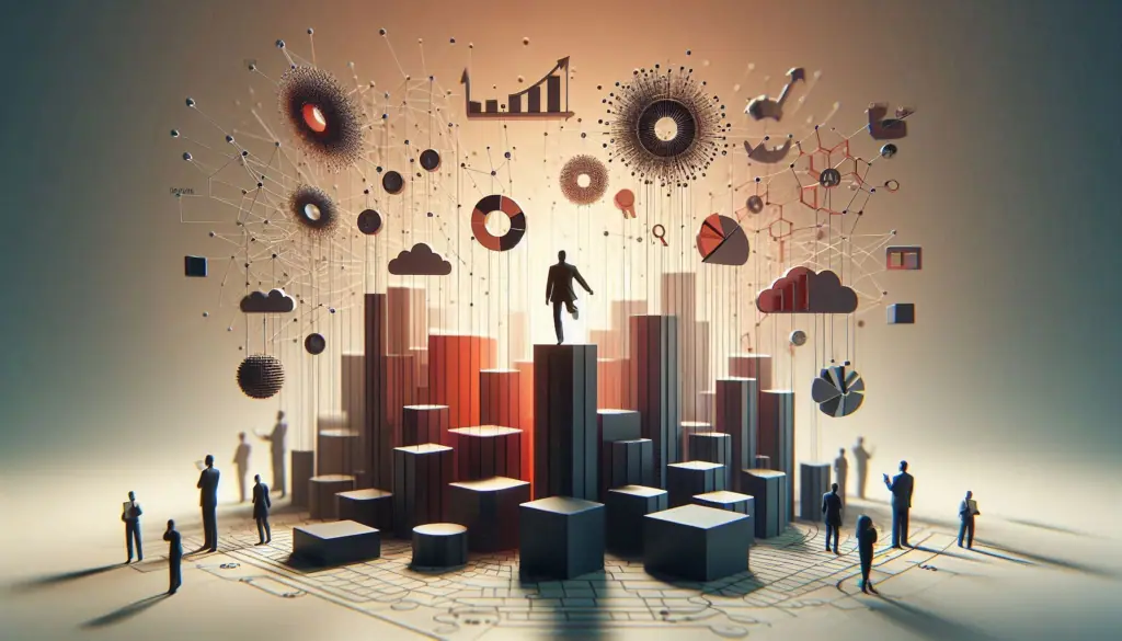 Digital illustration of people among 3D bar graphs with floating icons representing data analysis.