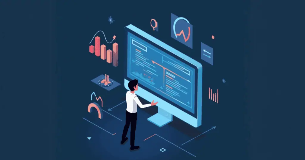 A person analyzes data visualizations and reports on a large monitor, representing insights for businesses.