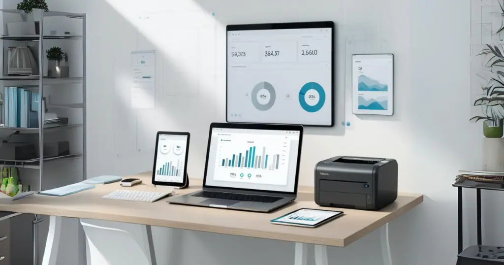 A modern workspace setup with multiple devices displaying analytics dashboards, charts, and graphs.