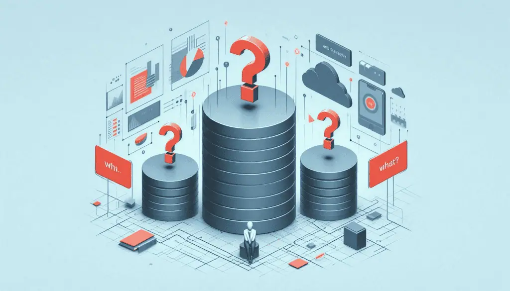 A minimalistic illustration showing three cylindrical structures with question marks, surrounded by data analytics icons, representing the concept of isolated data repositories within an organization.