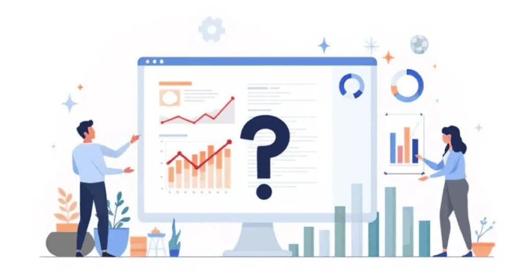 Two professionals review charts and graphs on a large screen, symbolizing the differences between data analysis and business intelligence approaches.