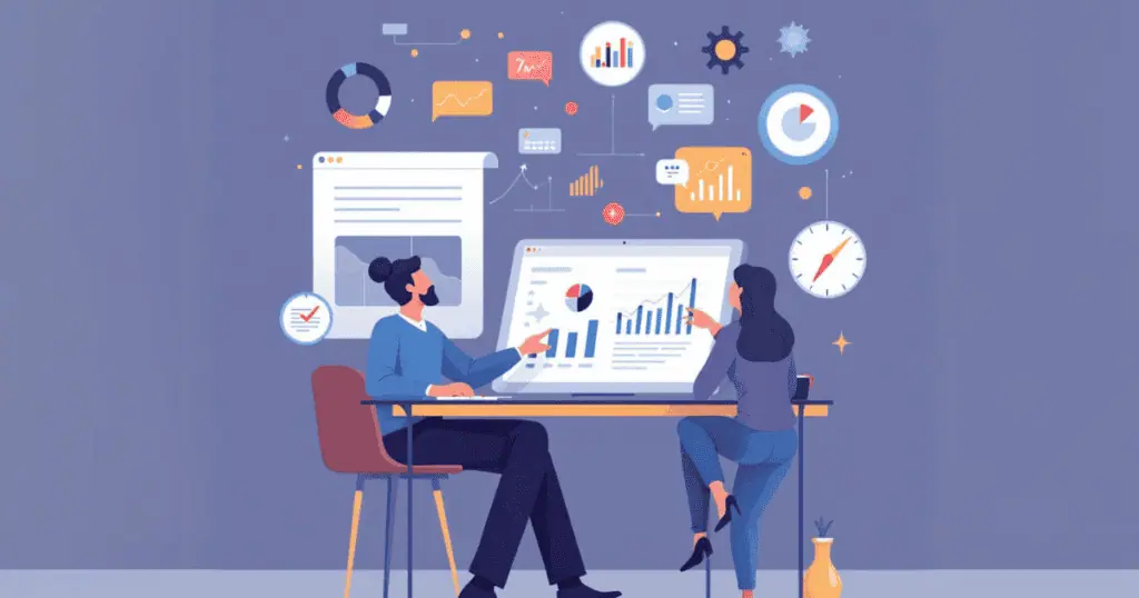 Two professionals analyzing charts and graphs on a large screen, illustrating the immediate benefits of data analysis and BI for SMBs in boosting profits.