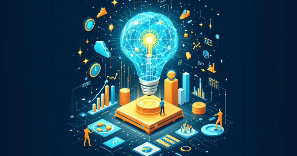 A glowing lightbulb surrounded by charts, graphs, and digital elements, symbolizing how data analysis and BI help SMBs in marketing and gathering customer feedback.