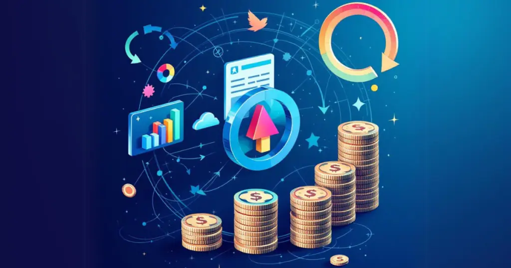 Stacks of coins rising alongside charts and digital icons, representing how data analysis and BI can drive SMBs' success on their data-driven journey.