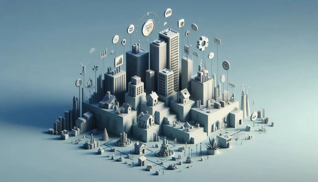 A stylized 3D illustration of a miniature cityscape with various buildings and icons.