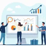 Three professionals examining charts and graphs on a large screen, illustrating data analysis and bi importance for SMB's.