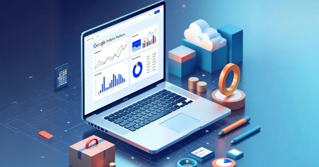 A laptop displaying Google Analytics dashboards with charts and graphs..