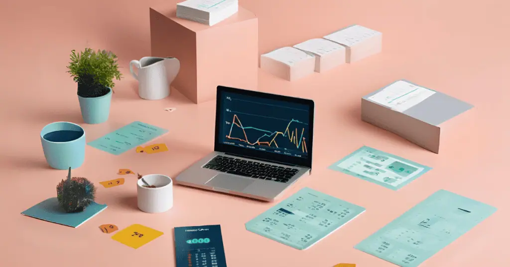 A workspace setup with a laptop displaying business analytics graphs, documents, and plants, illustrating Small Business BI Metrics and hidden data insights to boost profitability.