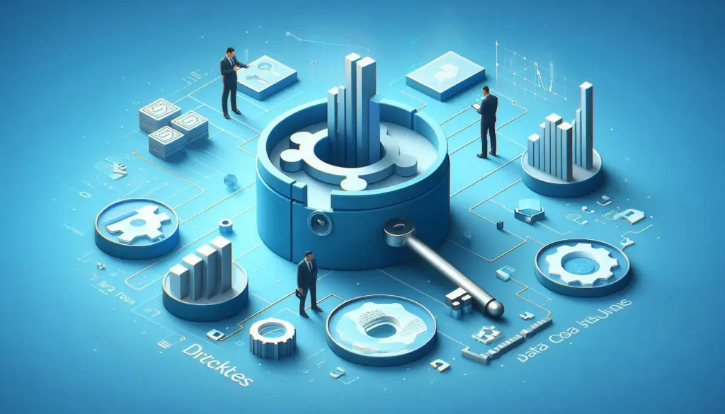 An isometric graphic showing a centralized system breaking down data silos with interconnected gears, symbolizing the unlocking of business potential.