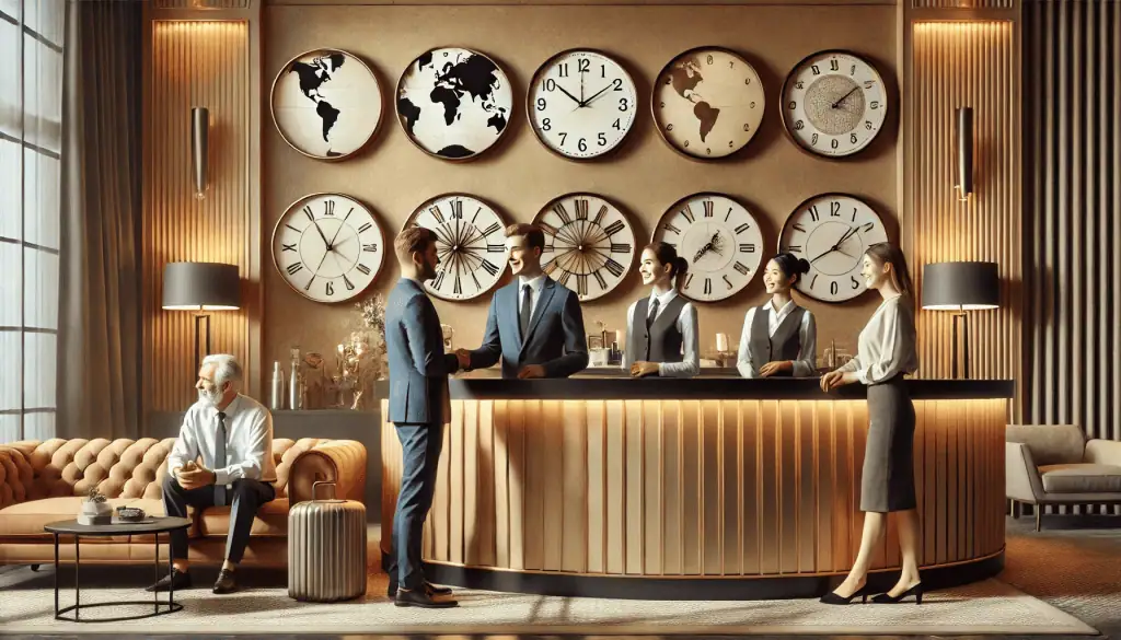 Hotel staff assist two happy guests at the reception while another guest enjoys coffee on a sofa, showing how hospitality data enhances personalized service.