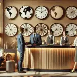 Hotel staff assist two happy guests at the reception while another guest enjoys coffee on a sofa, showing how hospitality data enhances personalized service.