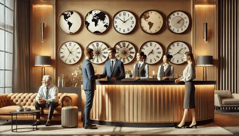 Hotel staff assist two happy guests at the reception while another guest enjoys coffee on a sofa, showing how hospitality data enhances personalized service.