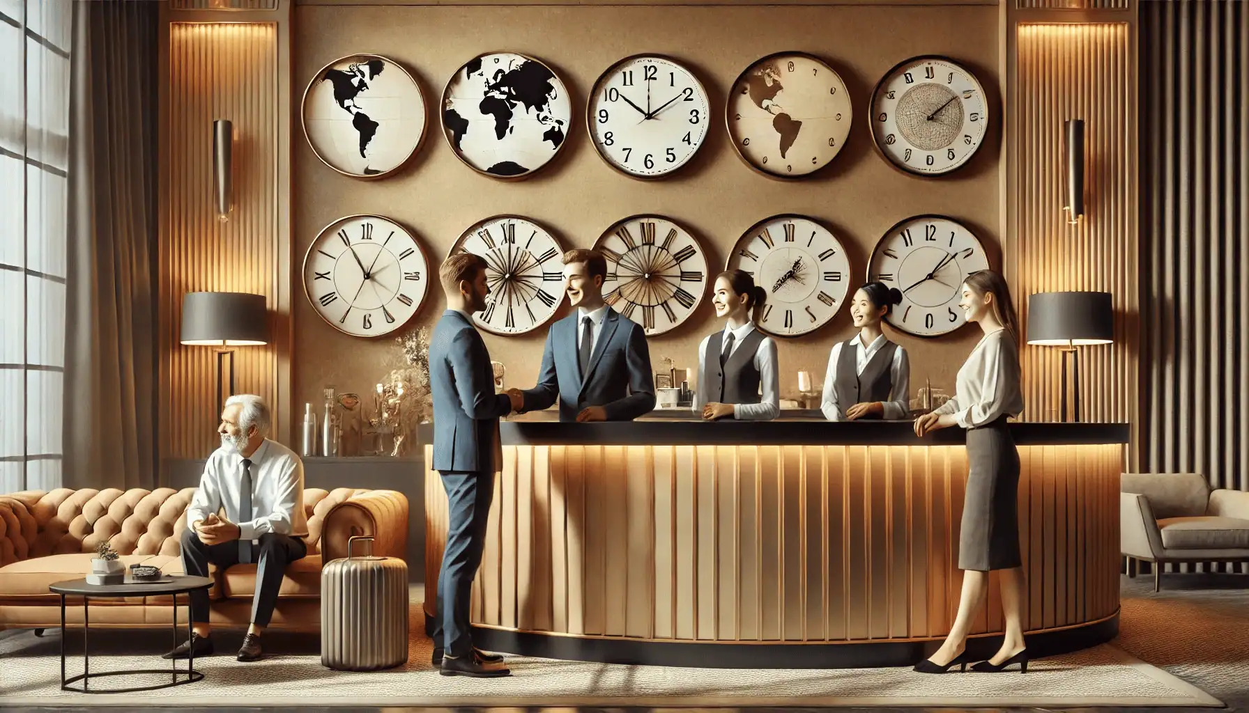 Hotel staff assist two happy guests at the reception while another guest enjoys coffee on a sofa, showing how hospitality data enhances personalized service.