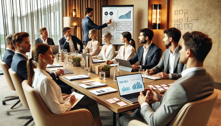 A team of professionals collaborates in a modern meeting room, analyzing charts and laptops, focused on developing a hospitality data strategy for business success.