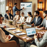 A team of professionals collaborates in a modern meeting room, analyzing charts and laptops, focused on developing a hospitality data strategy for business success.