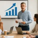 A male presenter discusses small data hospitality analytics with two female colleagues, using a screen displaying an upward-trending bar graph to illustrate 'Small Data, Big Impact: Leveraging Limited Data in Hospitality'.