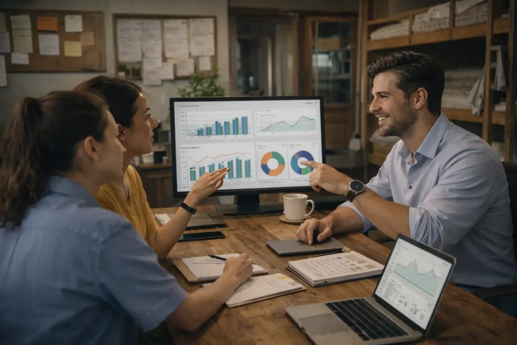 Hostel staff reviewing occupancy and revenue data together in a simple workspace to improve daily operations