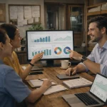 Hostel staff doing data analytics in hospitality together to improve daily operations