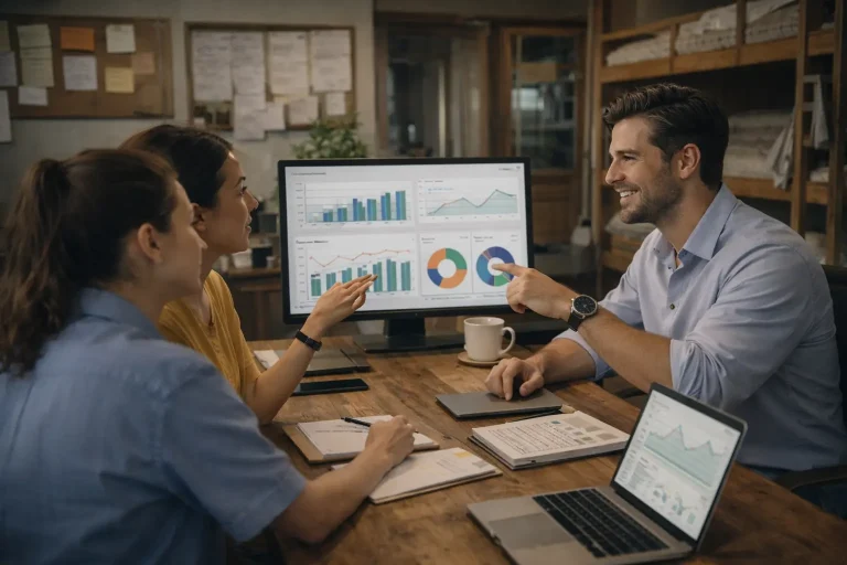 Hostel staff reviewing occupancy and revenue data together in a simple workspace to improve daily operations