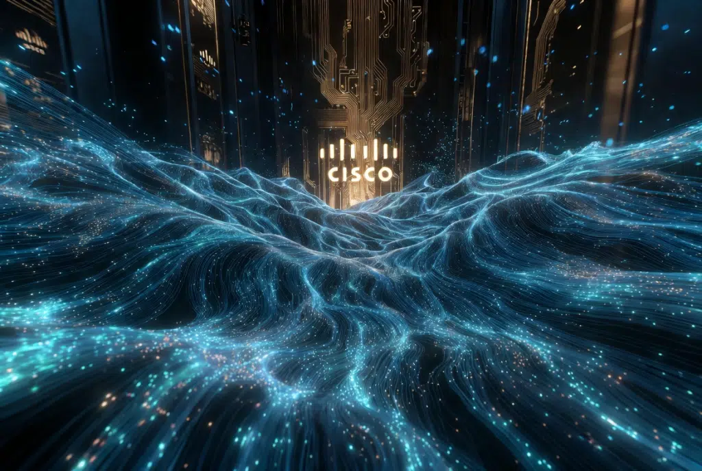 Hidden digital data goldmine representing Cisco's vast machine telemetry asset. Clean glowing data streams flowing into a luminous core, symbolizing the untapped value of decades of network data 'The Asset Nobody Is Talking About'.